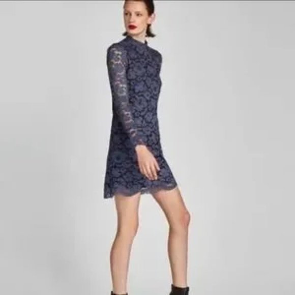 Dresses & Skirts - Zara Blue Floral Lace Scalloped Hem High Neck Shift Mini Dress Small (4)